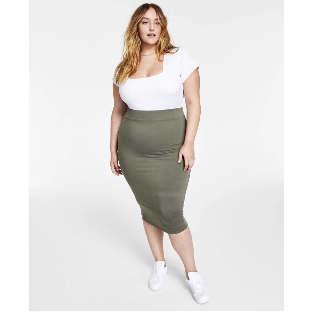Bar III Trendy Plus Size 1X Bodycon Jersey MIDI Skirt Sage Green